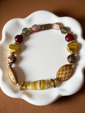 Hand Crafted Yellow, Gold, Brown & Red Beaded Bracelet